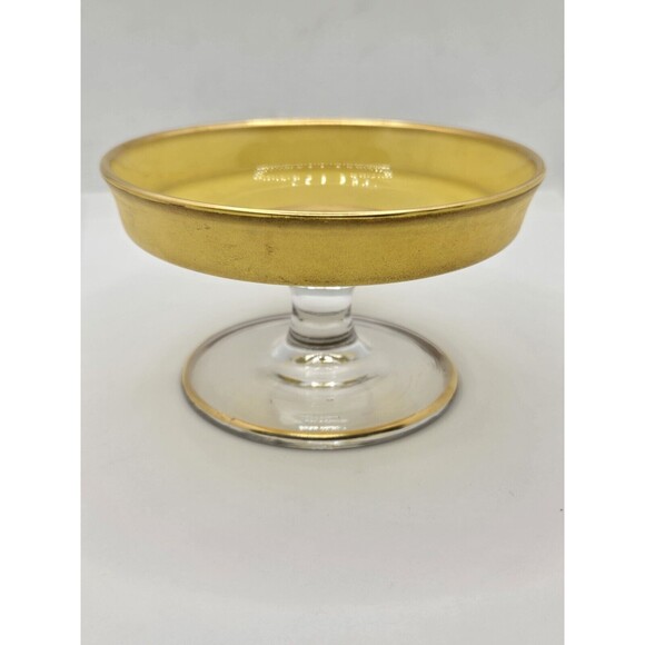 Yellow Depression Glass Pedestal Cheese Compote 4.75" Gold Edging Candy/Nut Dish - Picture 12 of 16
